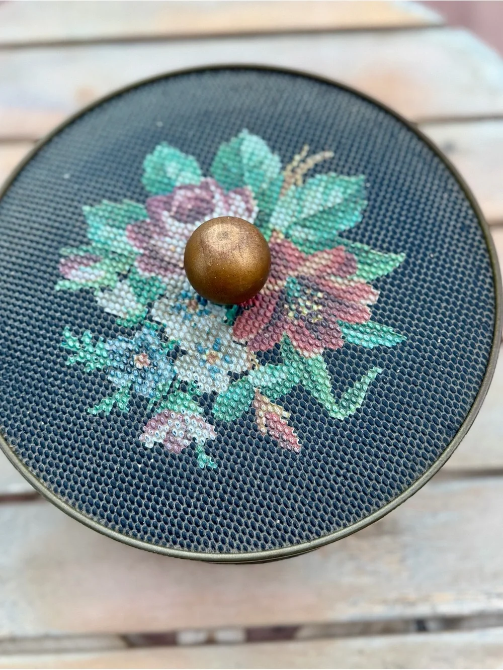 Embroidered Floral Round Storage Tin - Black & Pink